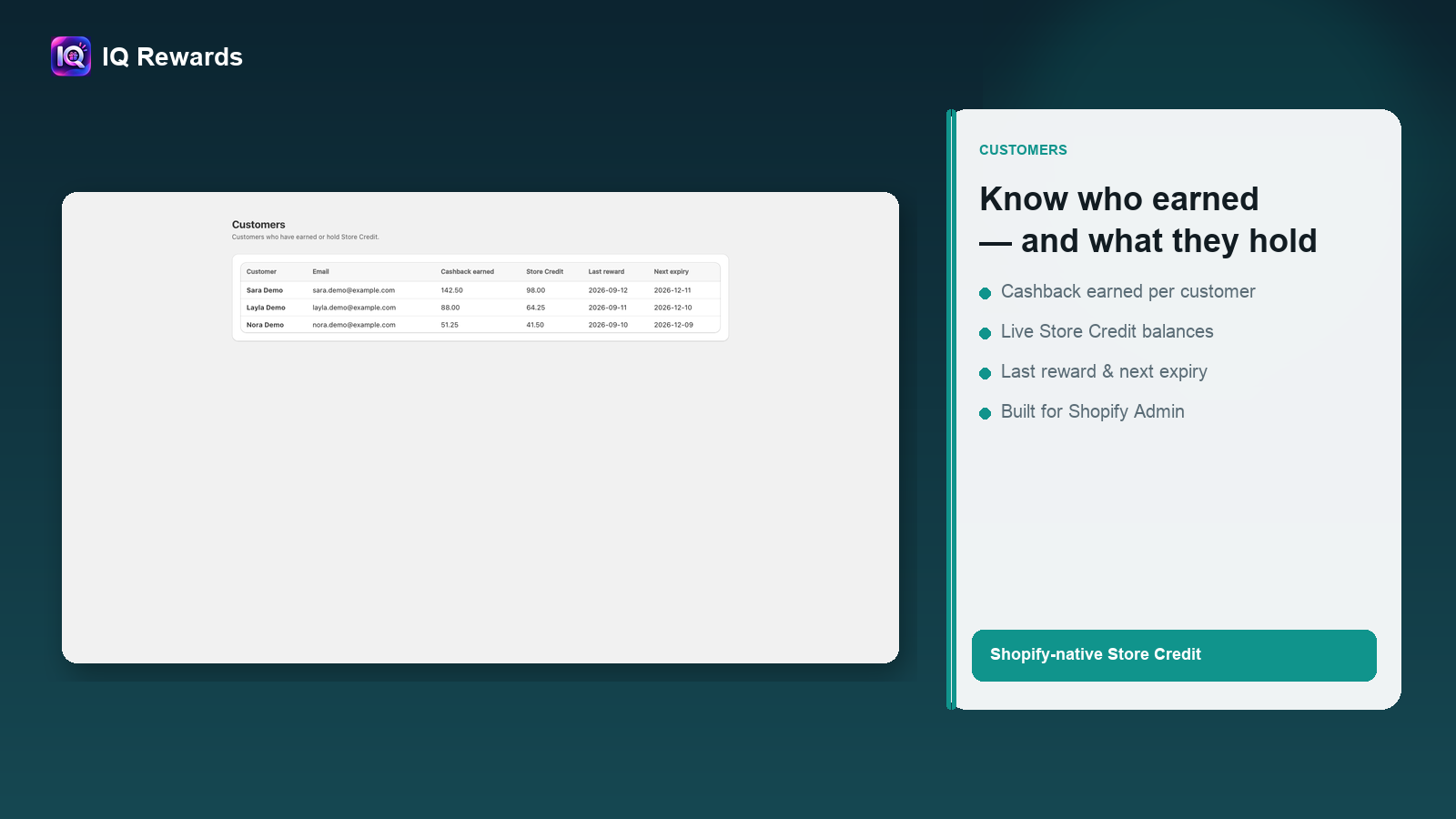 Customers list with cashback earned and Shopify Store Credit balances